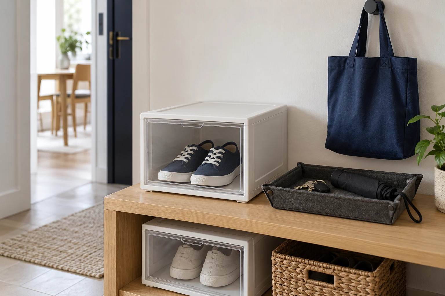 Shoe-storage boxes, a keys tray, umbrella and reusable bag in a tidy entryway