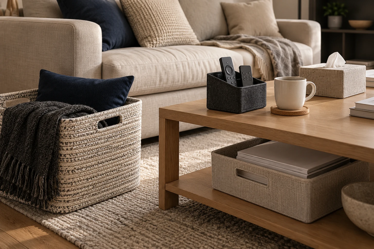 Fabric storage baskets, a remote-control organiser, coasters and textiles in use in a living room