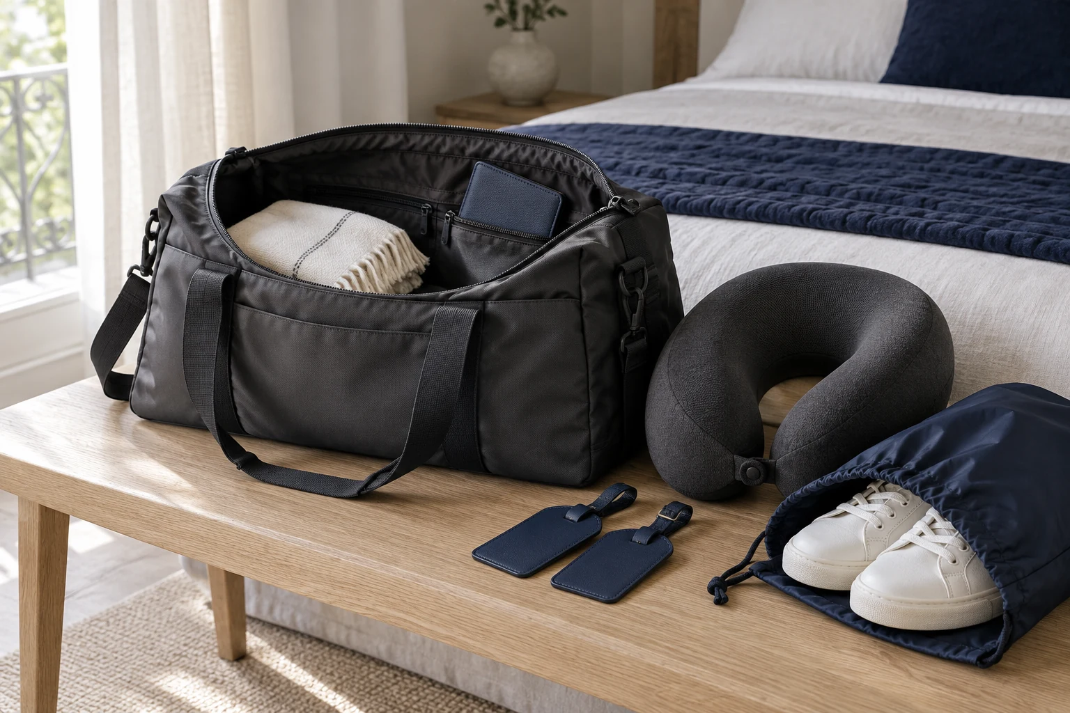 Travel duffel with scarf, document holder, neck pillow, shoe bag and luggage tags