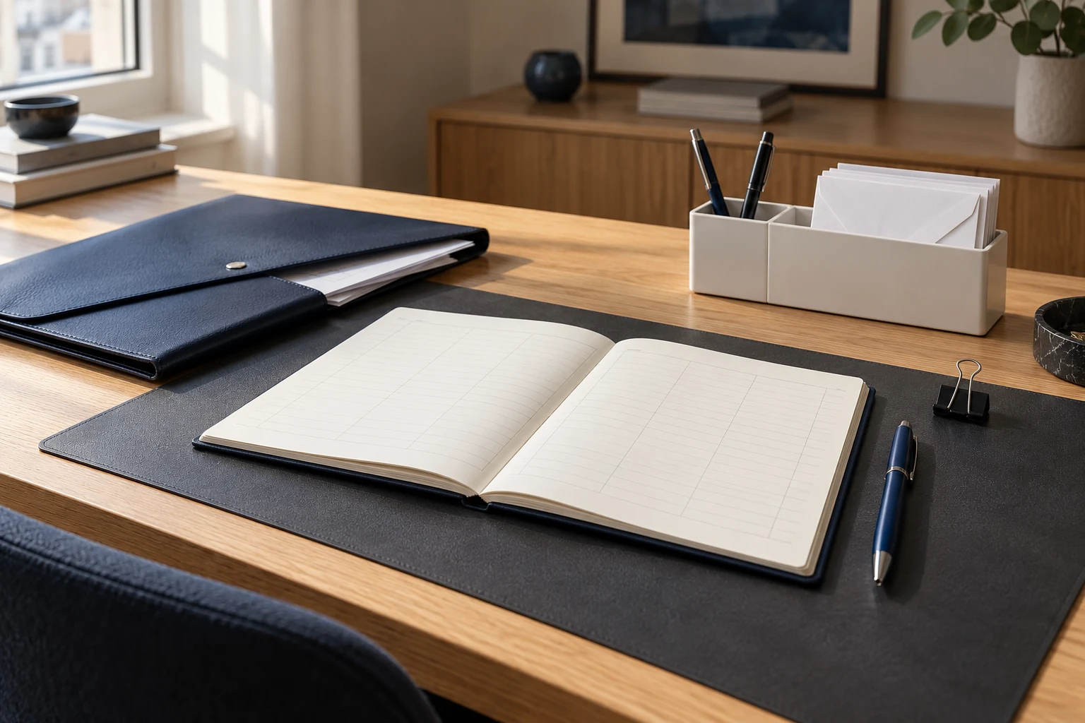 A planner, pen, desktop organiser and document wallet arranged for work