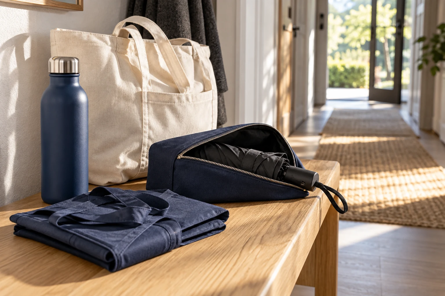 Reusable bags, a navy pouch, umbrella and water bottle ready for the day