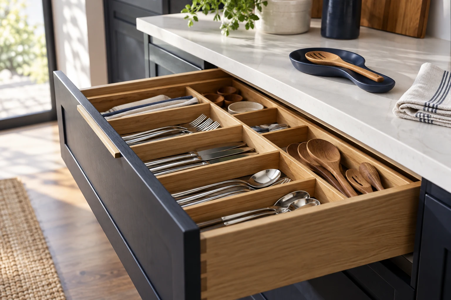 Bamboo cutlery organiser in an oak drawer, with a navy spoon rest and white tea towel