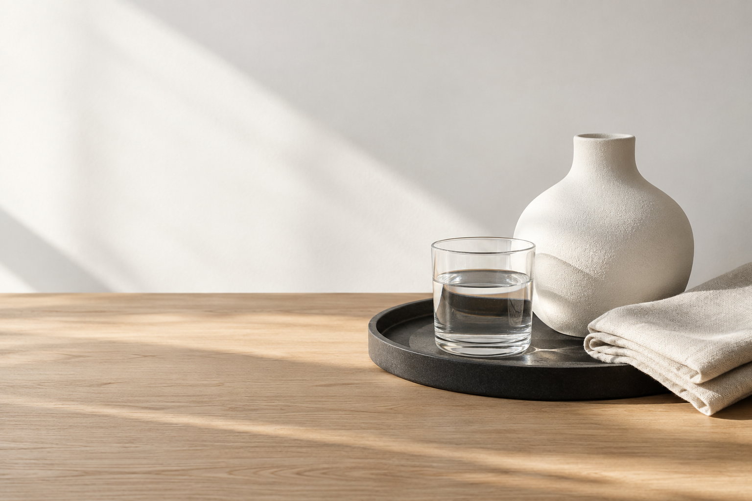 White ceramics, folded linen and a charcoal tray on a light oak surface