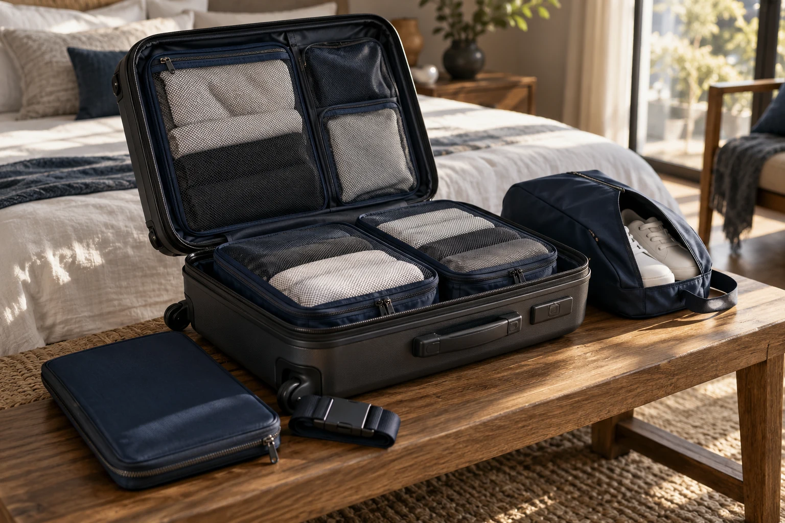 Open suitcase fitted with navy packing cubes, shoe bag and travel document holder