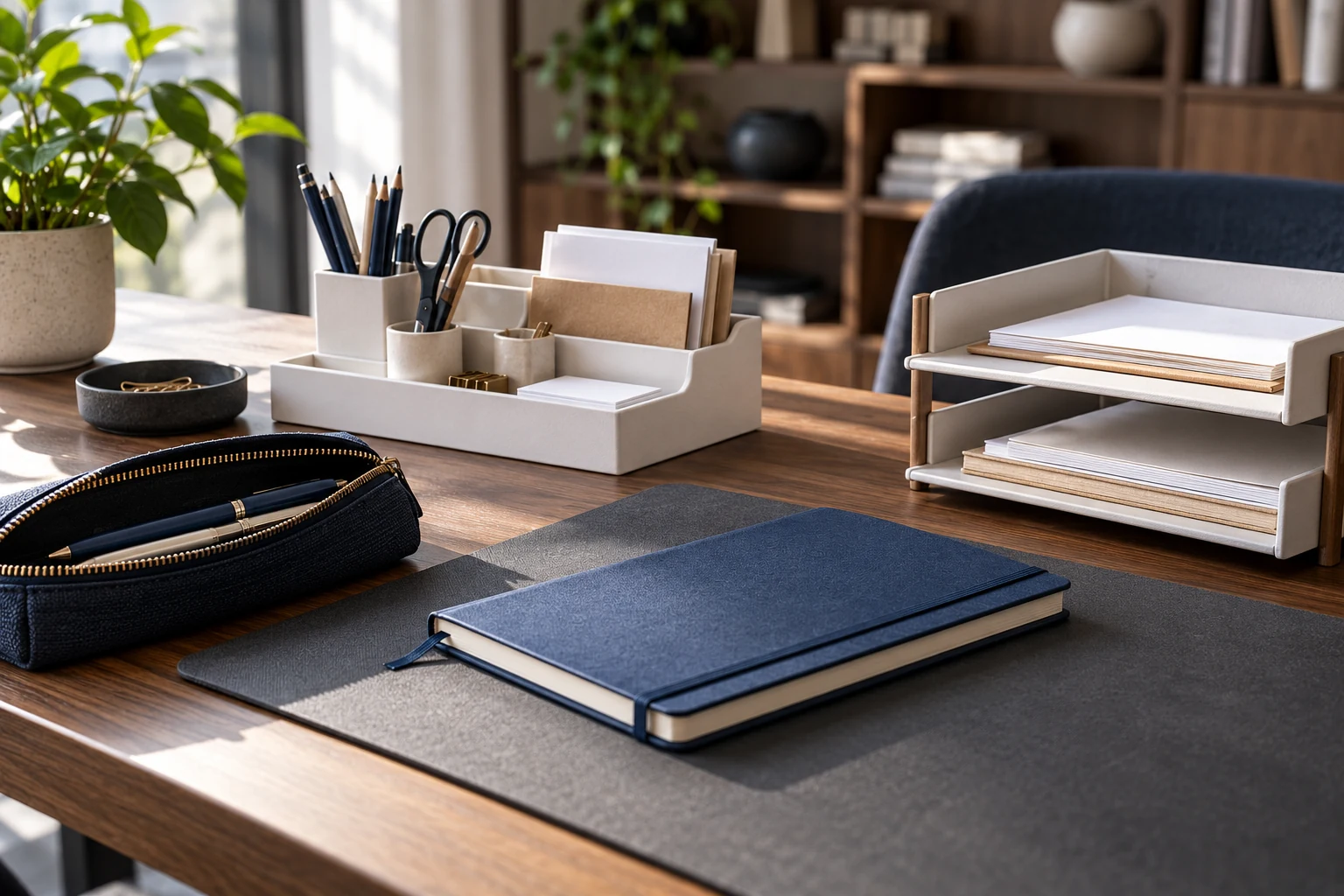An organised walnut desk with stationery case, notebook, pen storage and letter tray